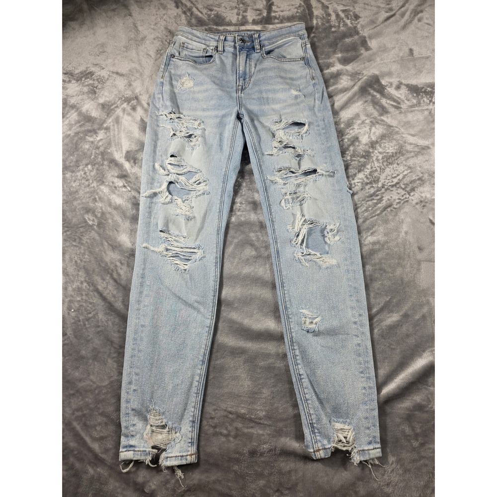 American Eagle Distressed Blue Straight Denim Jeans Women's Sz 0 Light Wash